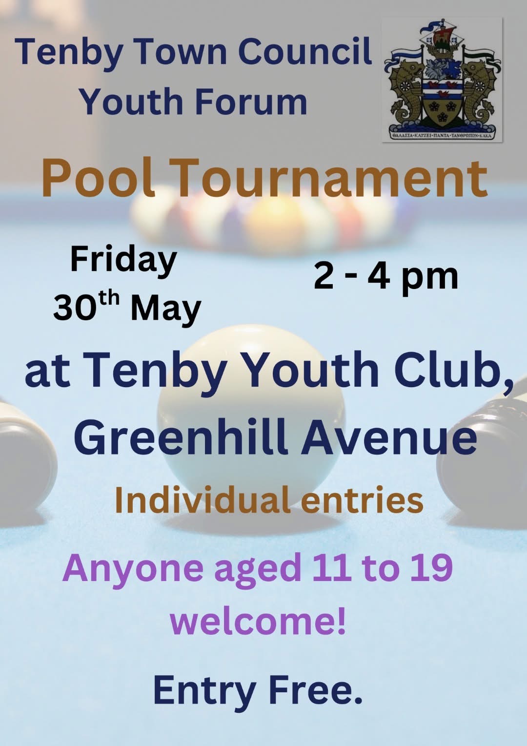 Tenby Town Council Youth Pool Tournament, Tenby Youth Club, Friday 30th May, 2pm - 4pm, Anyone aged 11 - 19