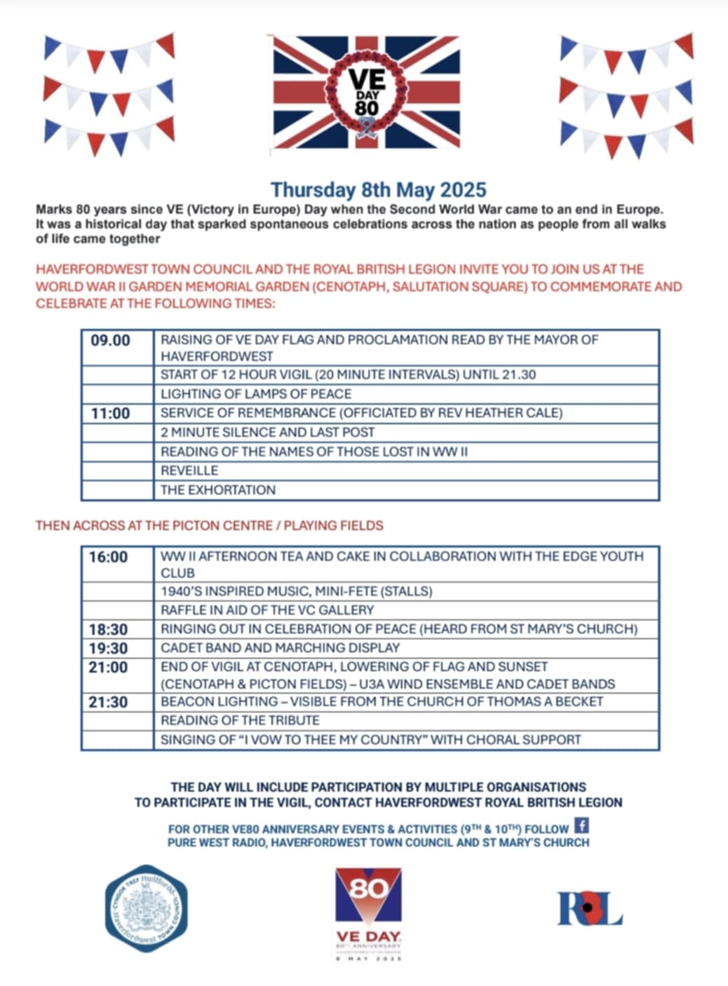 VE Day Celebrations, Thursday May 8th, Various Times & Locations in Haverfordwest, See poster for details