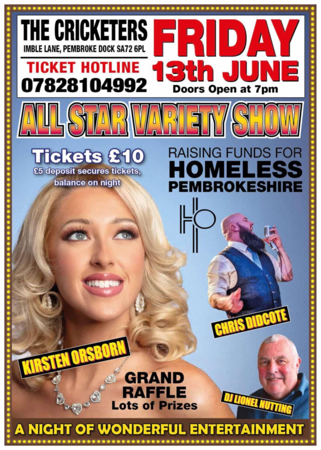 All Star Variety Show, The Cricketers, Pembroke Dock, Friday June 13th, 7pm