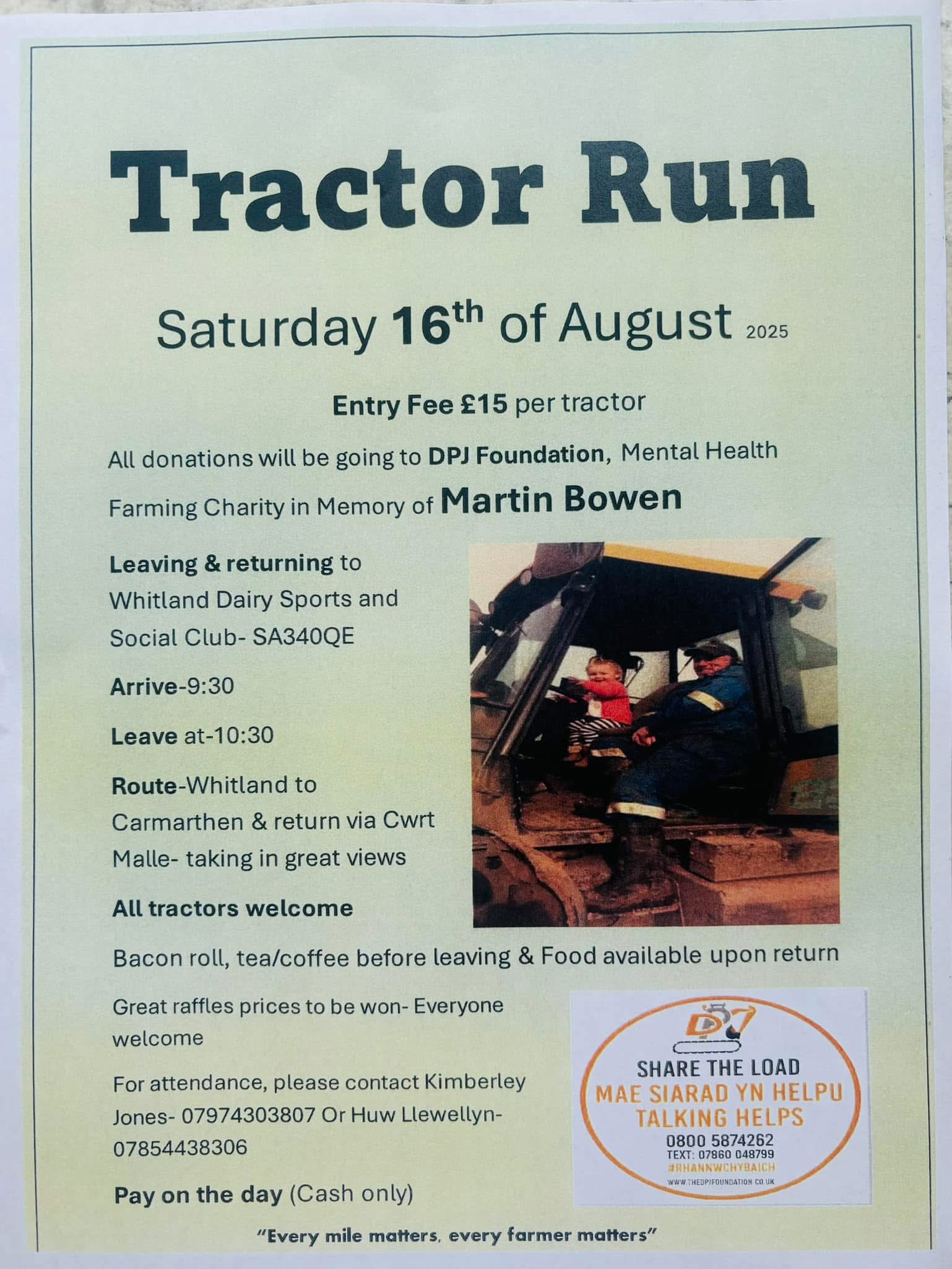Tractor Run, Whitland Dairy Sports & Social Club, Saturday August 16th, Arrive 9.30am