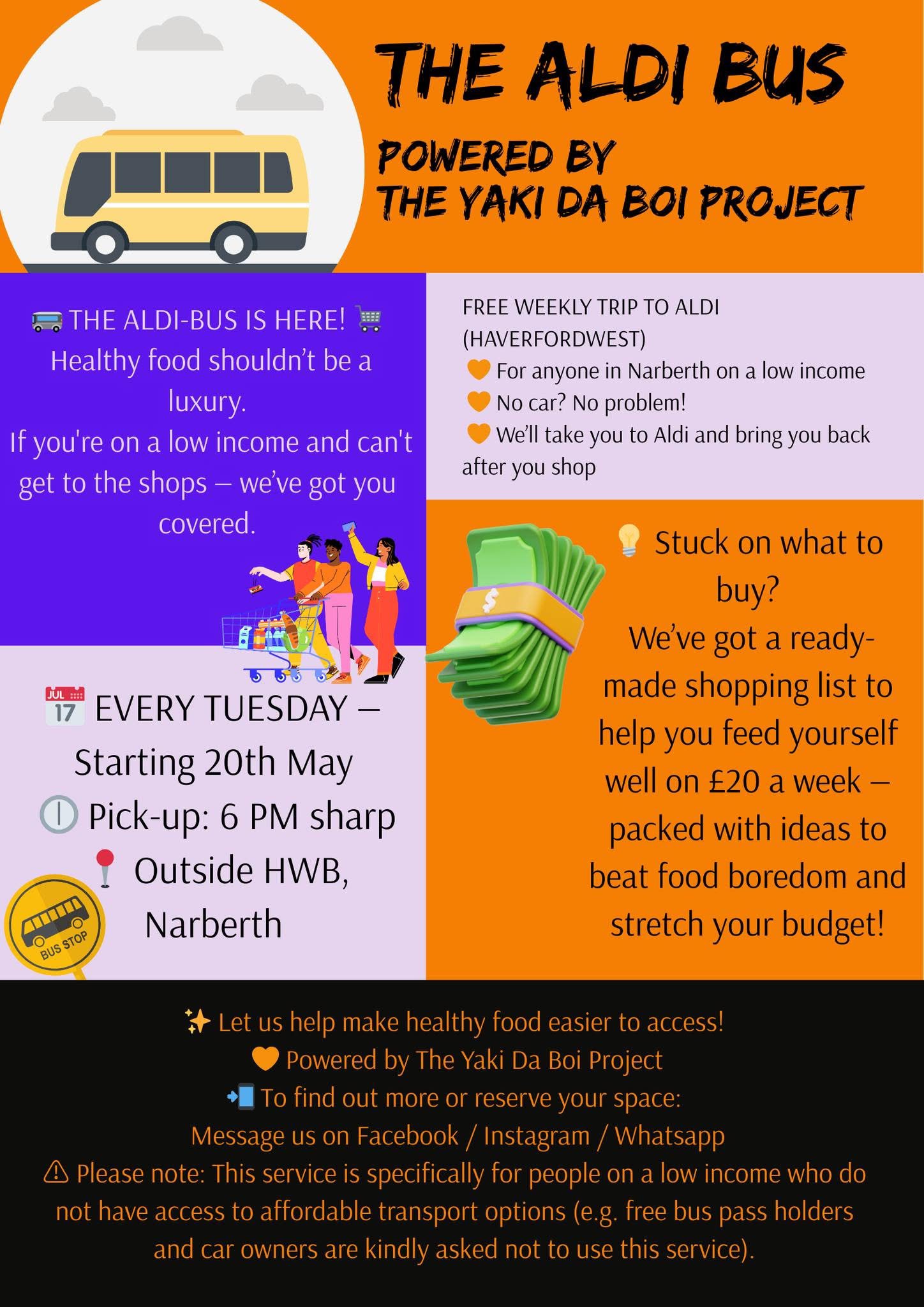 The Aldi Bus, Free weekly trip to Aldi, Haverfordwest, Outside HWB, Narberth, Every Thursday, 6pm