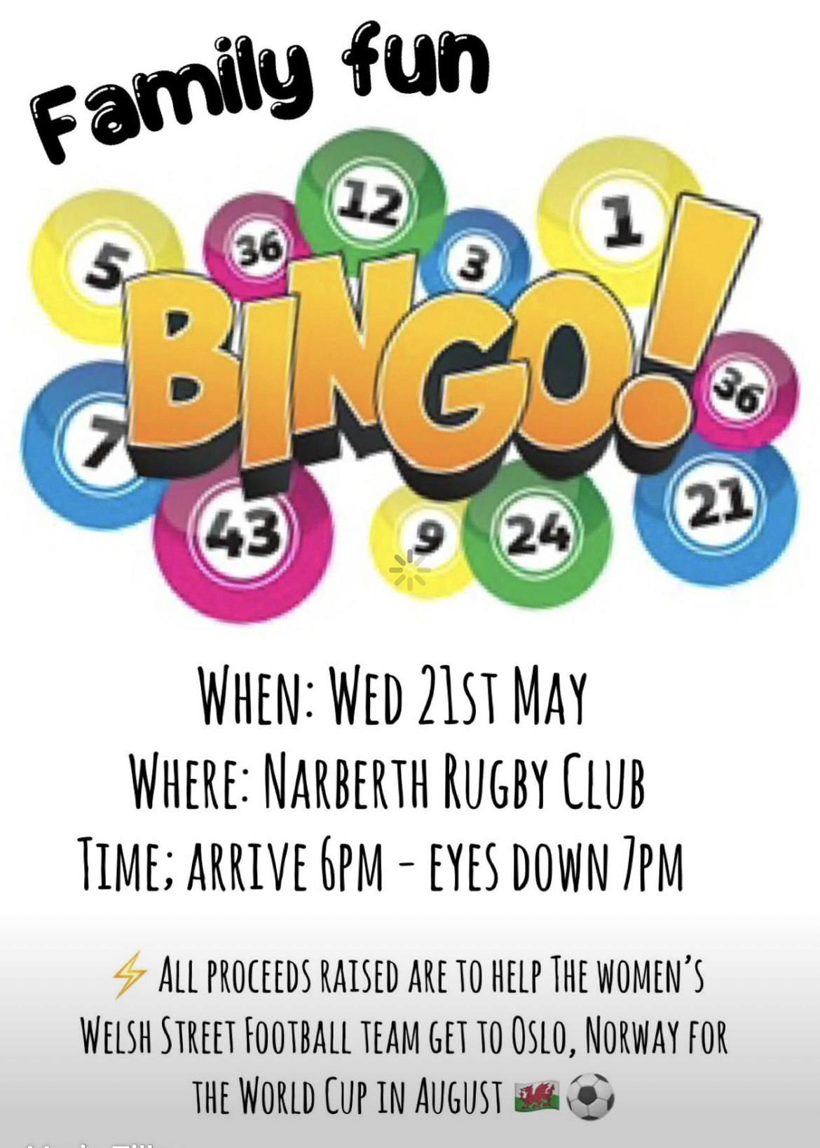 Family Fun Bingo, Narberth Rugby Club, Wednesday 21st May, 7pm
