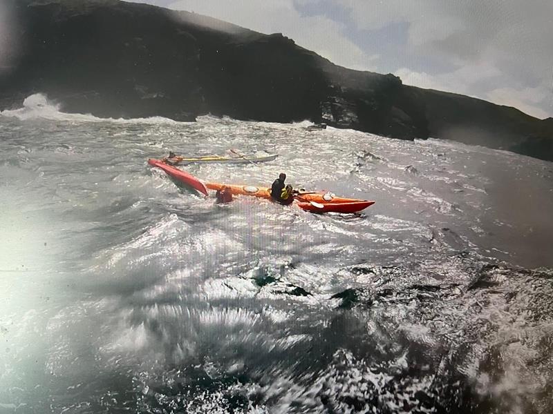 St Davids RNLI were tasked to launch to four sea kayakers in difficulty in strong northerly winds west of Abereiddi Bay on the May bank holiday weekend